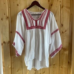 Max Studio embroidered boho top, white with red detail, size Large